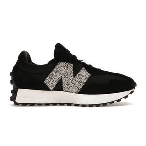 Women New Balance 327 black with leopard logo.